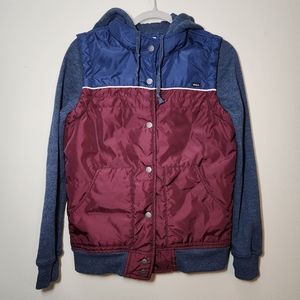 RVCA Hoodie Snap Button Up Jacket Mens Size Small Blue Burgundy Lumberjack